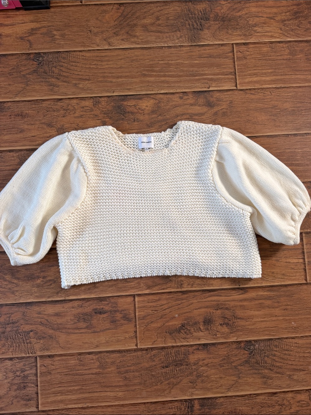 Skylar + Madison Cream Textured Knit Puff-Sleeve Top